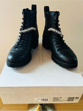 Jimmy Choo Cruz Flat Combat Boots 38.5 Black Crystal Pearl NIB